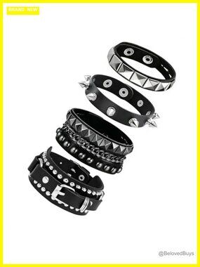 4 Pcs PU Leather Wrap Bracelets Punk Studded Cuff Bangle Set